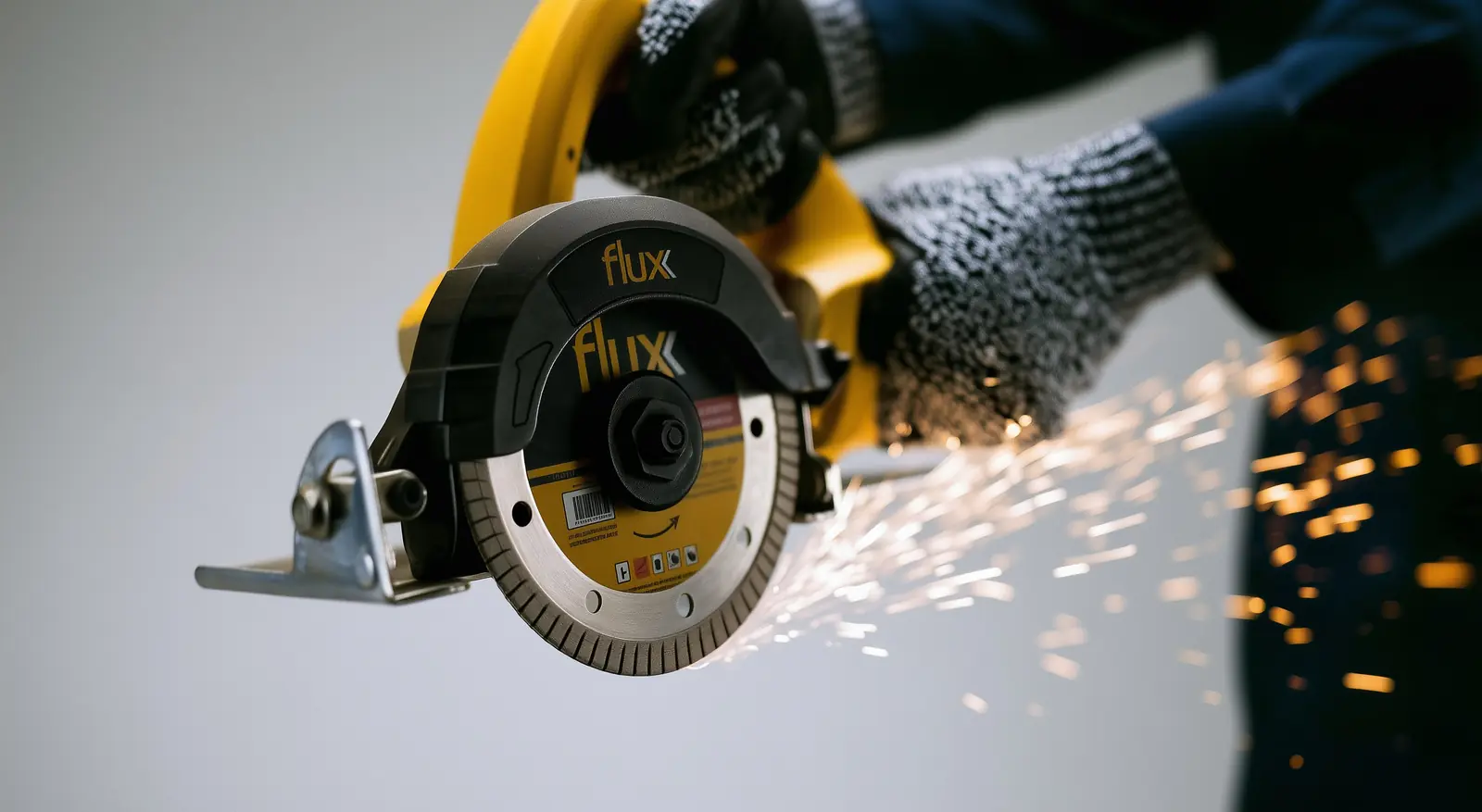 Uma serra Flux com disco diamantado a cortar, entre faíscas