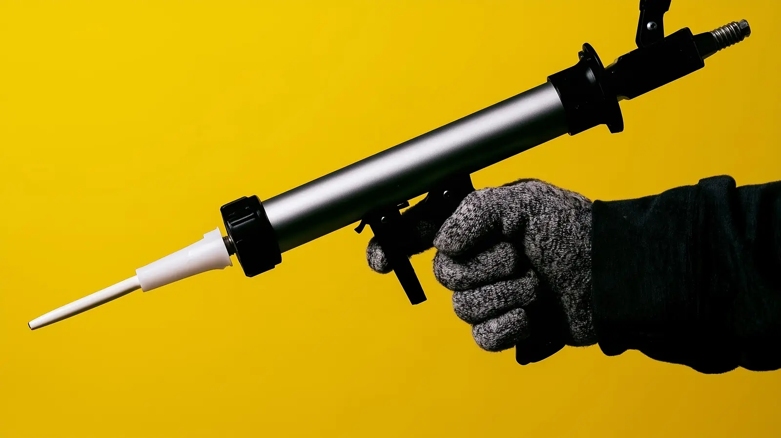 Uma mão com luva a segurar uma pistola de silicone