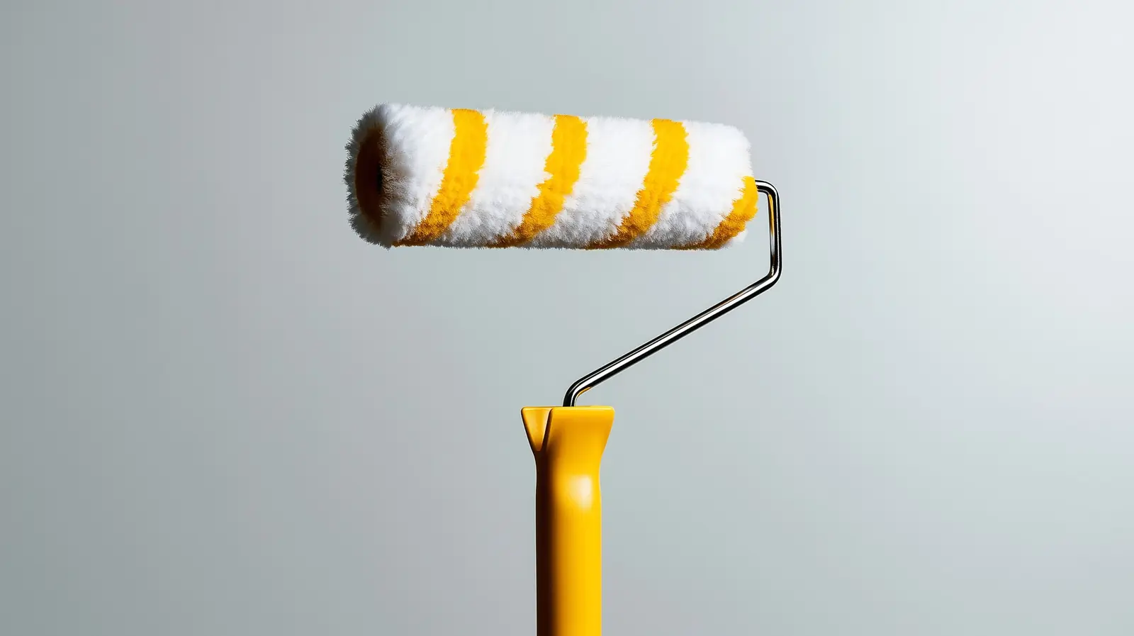 Um rolo de pintura com capa amarela e branca
